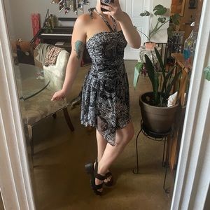 Retro Y2K Taboo black and white strapless party dress with optional neck-tie.